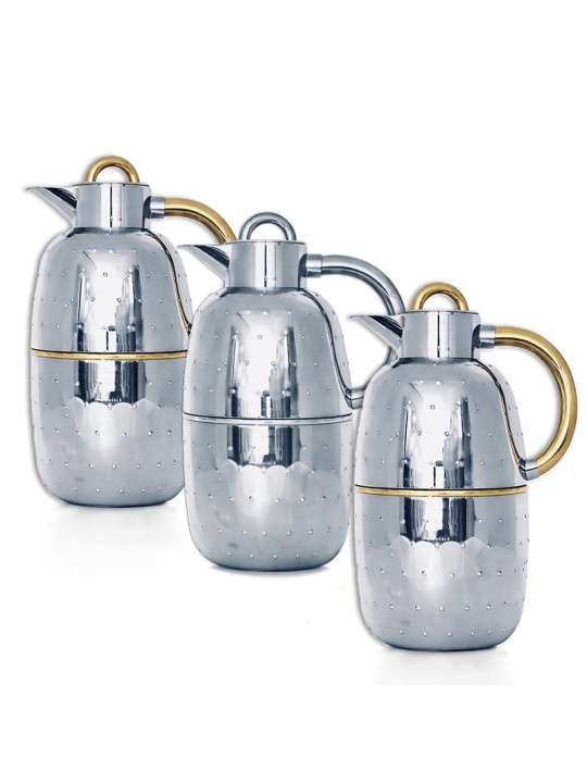 ترمس ، مجموعة فضي و فضي/ذهبي لف مع نقط ، طقم عدد 3 ، 1.0 لتر